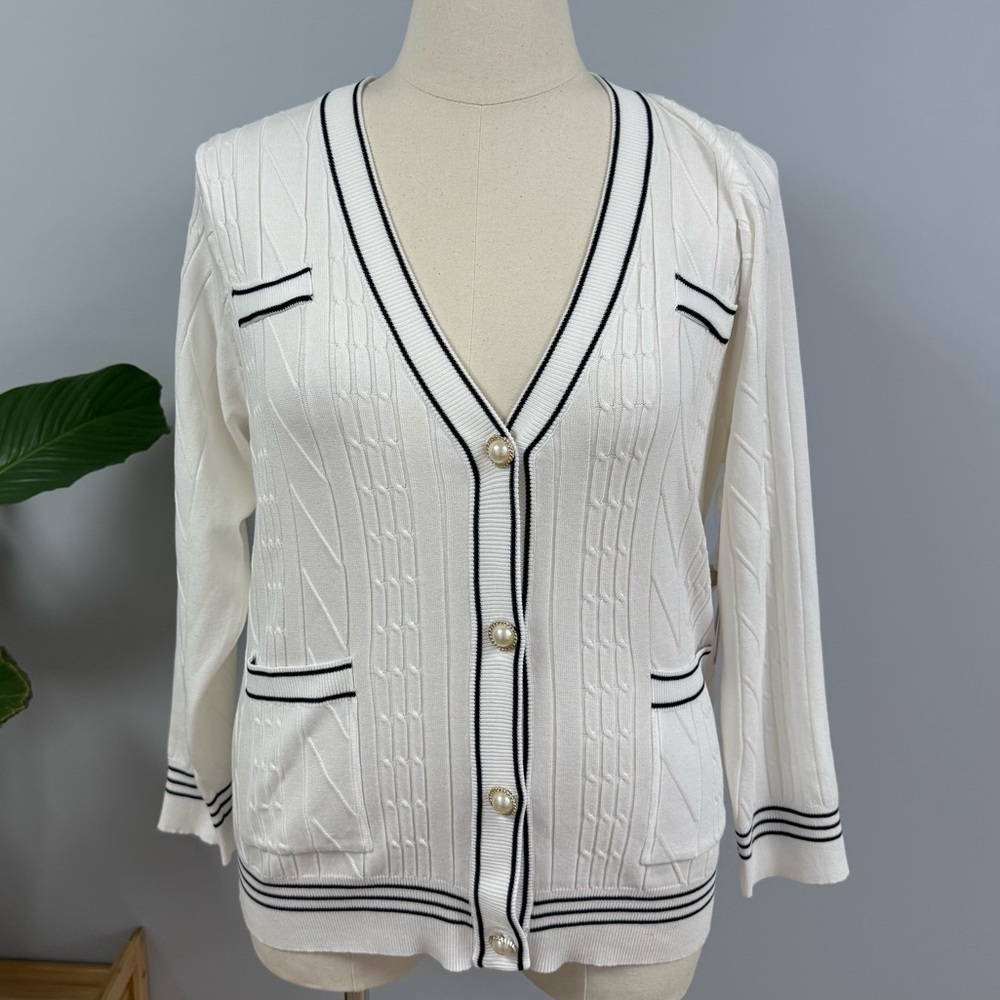 NWT Nanette Lepore Cable Knit Cardigan White/ Navy XL Pearl Buttons Old Money